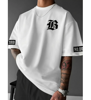 Erkek LB Baskılı Tişört Bisiklet Yaka Kısa Kol T-shirt - Beyaz