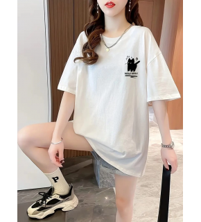 Kadın Tişört Penye Compack Tatlı Kedi Baskılı Bisiklet Yaka T-shirt - Beyaz