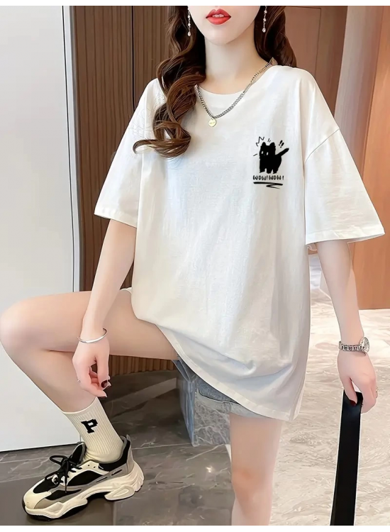 Kadın Tişört Penye Compack Tatlı Kedi Baskılı Bisiklet Yaka T-shirt - Beyaz Kadın Tişört Penye Compack Tatlı Kedi Baskılı Bisiklet Yaka T-shirt - Beyaz