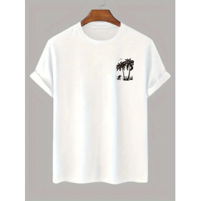 Erkek Kısa Kol Yazlık Tişört Bisiklet Yaka Palmiye Baskılı T-Shirt - Beyaz