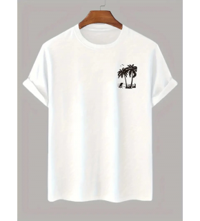 Erkek Kısa Kol Yazlık Tişört Bisiklet Yaka Palmiye Baskılı T-Shirt - Beyaz