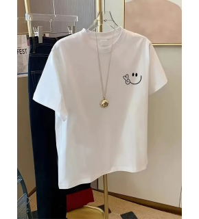 Kadın Gülücük Baskılı Tişört Kısa Kol Bisiklet Yaka Oversize T-Shirt - Beyaz