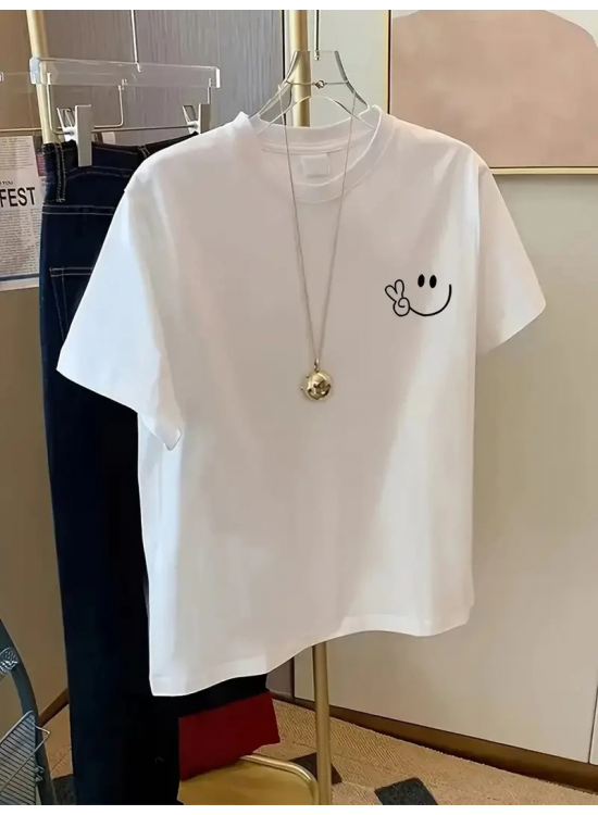 Kadın Gülücük Baskılı Tişört Kısa Kol Bisiklet Yaka Oversize T-Shirt - Beyaz Kadın Gülücük Baskılı Tişört Kısa Kol Bisiklet Yaka Oversize T-Shirt - Beyaz