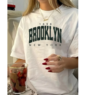 Kadın Tişört Bisiklet Yaka Brooklyn Baskılı Kısa Kollu T-shirt - Beyaz