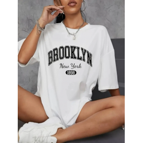 Kadın Brooklyn Baskılı Tişört Kısa Kol Bisiklet Yaka Oversize T-Shirt - Beyaz