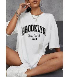 Kadın Brooklyn Baskılı Tişört Kısa Kol Bisiklet Yaka Oversize T-Shirt - Beyaz