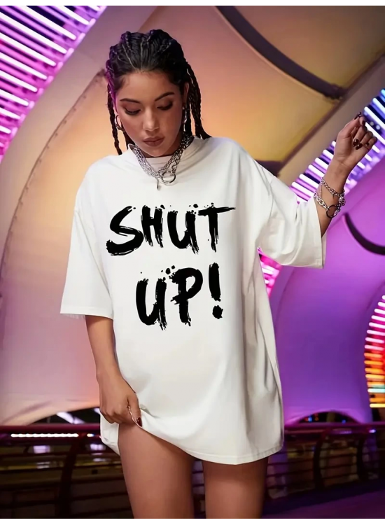 Kadın Shut Up Baskılı Tişört Kısa Kol Bisiklet Yaka Oversize T-Shirt - Beyaz Kadın Shut Up Baskılı Tişört Kısa Kol Bisiklet Yaka Oversize T-Shirt - Beyaz