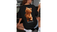 Kadın Tişört Büyük Boy Ayıcık Baskılı Bisiklet Kısa kol t-shirt - Siyah Kadın Tişört Büyük Boy Ayıcık Baskılı Bisiklet Kısa kol t-shirt - Siyah