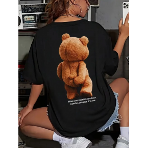 Kadın Tişört Büyük Boy Ayıcık Baskılı Bisiklet Kısa kol t-shirt - Siyah