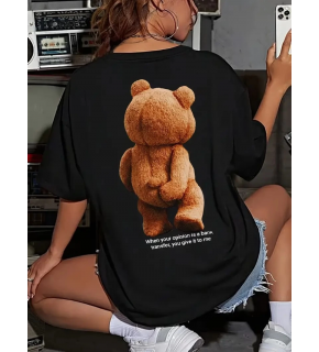 Kadın Tişört Büyük Boy Ayıcık Baskılı Bisiklet Kısa kol t-shirt - Siyah