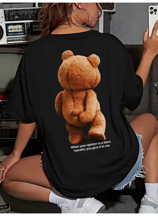Kadın Tişört Büyük Boy Ayıcık Baskılı Bisiklet Kısa kol t-shirt - Siyah Kadın Tişört Büyük Boy Ayıcık Baskılı Bisiklet Kısa kol t-shirt - Siyah