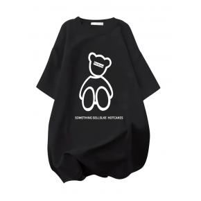 Kadın Tişört Penye Compack Baskılı Oversize Bisiklet Yaka T-shirt - Siyah