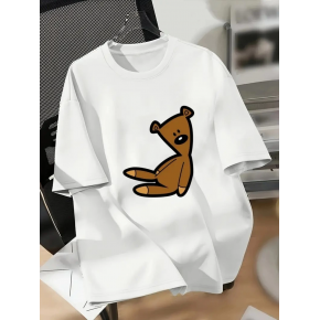 Kadın Tişört Bisiklet yaka Ayı Baskılı yazlık Kısa Kol T-shirt - Beyaz