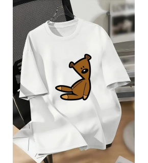 Kadın Tişört Bisiklet yaka Ayı Baskılı yazlık Kısa Kol T-shirt - Beyaz