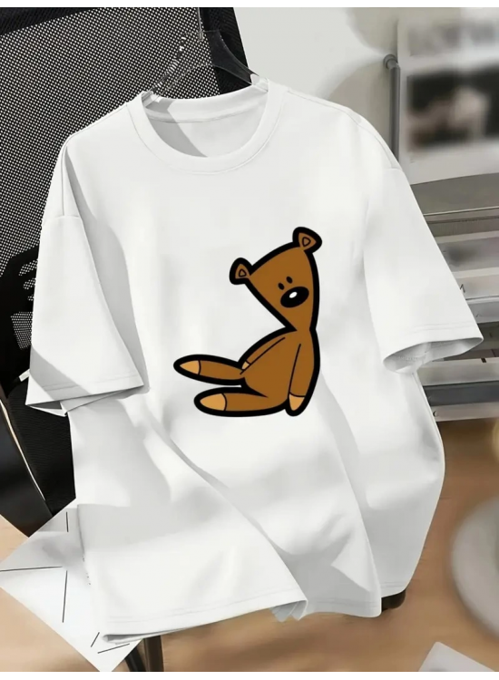 Kadın Tişört Bisiklet yaka Ayı Baskılı yazlık Kısa Kol T-shirt - Beyaz Kadın Tişört Bisiklet yaka Ayı Baskılı yazlık Kısa Kol T-shirt - Beyaz