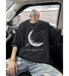 Erkek Baskılı Tişört Kısa Kol Bisiklet Yaka Oversize T-Shirt - - Siyah