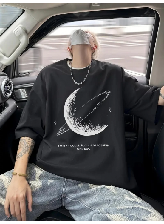 Erkek Baskılı Tişört Kısa Kol Bisiklet Yaka Oversize T-Shirt - - Siyah Erkek Baskılı Tişört Kısa Kol Bisiklet Yaka Oversize T-Shirt - - Siyah