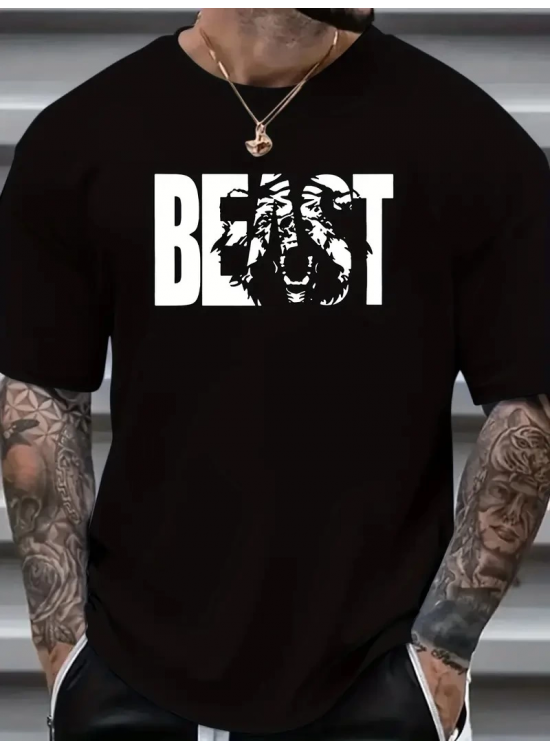Erkek Baskılı Tişört Kısa Kol Bisiklet Yaka Oversize T-Shirt - Siyah