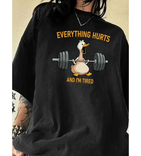 Kadın T-Shirt Ördek Baskılı Bisiklet Yakalı Kısa kol Tişört - Siyah