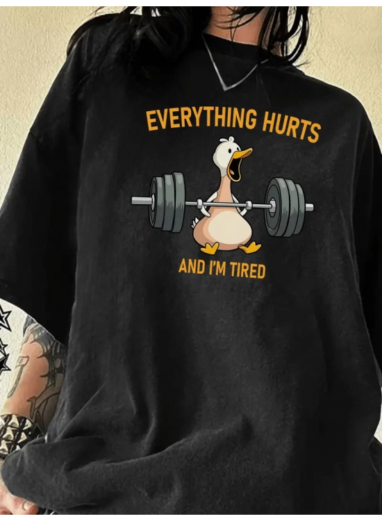 Kadın T-Shirt Ördek Baskılı Bisiklet Yakalı Kısa kol Tişört - Siyah Kadın T-Shirt Ördek Baskılı Bisiklet Yakalı Kısa kol Tişört - Siyah