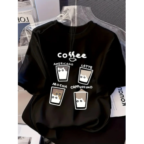 Kadın Kısa Kol Yazlık Tişört Bisiklet Yaka Baskılı Oversize T-Shirt - Siyah