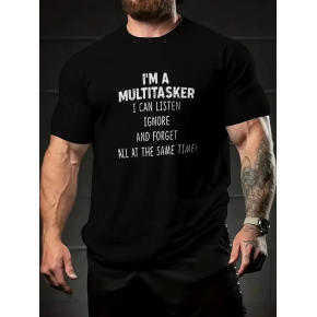 Erkek T-shirt Komik 'Multitasker' Baskılı Kısa kol Tişört - Siyah