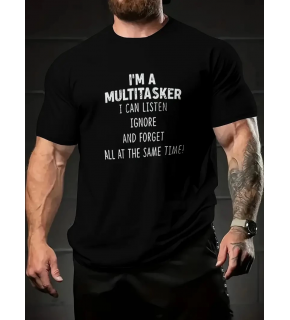 Erkek T-shirt Komik 'Multitasker' Baskılı Kısa kol Tişört - Siyah