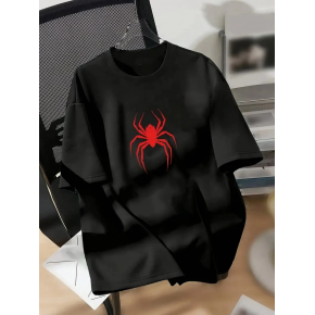 Kadın Kısa Kol Yazlık Tişört Bisiklet Yaka Spider Baskılı T-Shirt - Siyah