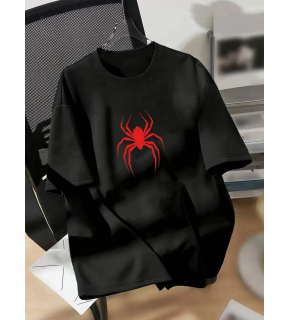 Kadın Kısa Kol Yazlık Tişört Bisiklet Yaka Spider Baskılı T-Shirt - Siyah