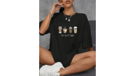 Kadın Kahve Desen Baskılı Tişört Kısa Kol Bisiklet Yaka Oversize T-Shirt - Siyah Kadın Kahve Desen Baskılı Tişört Kısa Kol Bisiklet Yaka Oversize T-Shirt - Siyah