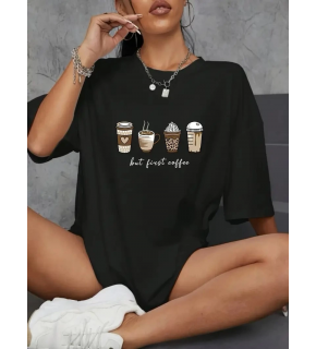 Kadın Kahve Desen Baskılı Tişört Kısa Kol Bisiklet Yaka Oversize T-Shirt - Siyah