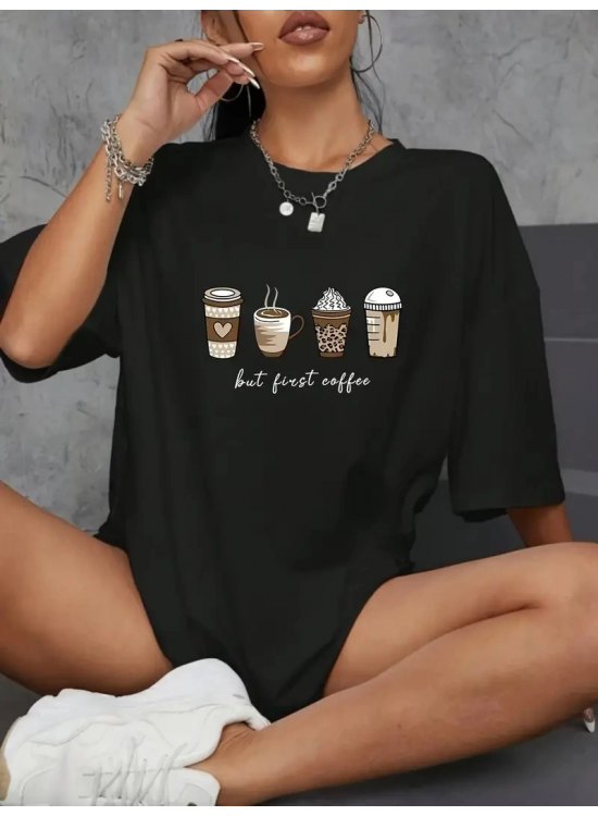 Kadın Kahve Desen Baskılı Tişört Kısa Kol Bisiklet Yaka Oversize T-Shirt - Siyah Kadın Kahve Desen Baskılı Tişört Kısa Kol Bisiklet Yaka Oversize T-Shirt - Siyah