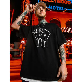 Erkek Kısa Kol Yazlık Tişört Bisiklet Yaka KART Baskılı T-Shirt - Siyah