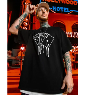 Erkek Kısa Kol Yazlık Tişört Bisiklet Yaka KART Baskılı T-Shirt - Siyah