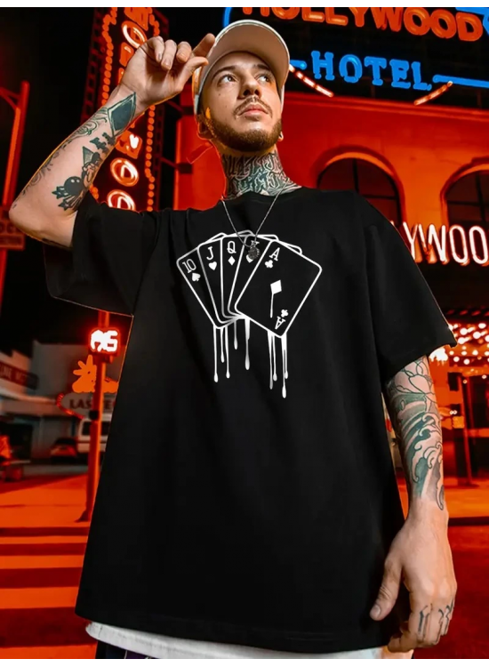 Erkek Kısa Kol Yazlık Tişört Bisiklet Yaka KART Baskılı T-Shirt - Siyah Erkek Kısa Kol Yazlık Tişört Bisiklet Yaka KART Baskılı T-Shirt - Siyah