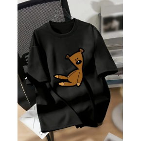 Kadın Tişört Ayı Baskılı Bisiklet Yaka Yazlık Kısa Kol T-shirt - Siyah