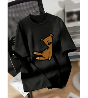 Kadın Tişört Ayı Baskılı Bisiklet Yaka Yazlık Kısa Kol T-shirt - Siyah