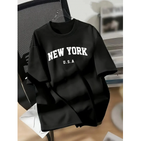 kadın New York Baskılı Tişört Kısa Kol Bisiklet Yaka T-shirt - Siyah