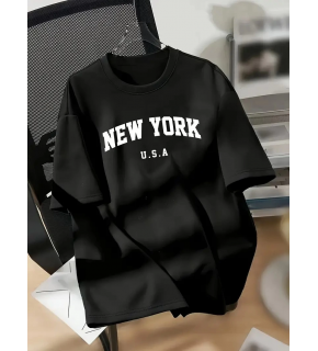 kadın New York Baskılı Tişört Kısa Kol Bisiklet Yaka T-shirt - Siyah