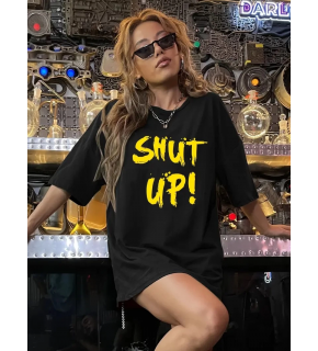 Kadın Tişört Shut up Baskılı Bisiklet Yaka Kısa Kol T-shirt - Siyah