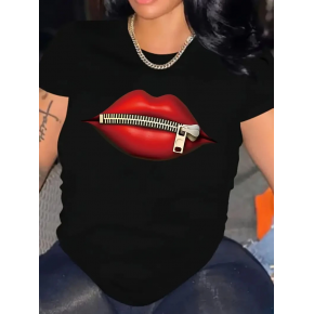 Kadın Kısa Kol Yazlık Tişört Bisiklet Yaka Dudak Baskılı T-Shirt - Siyah