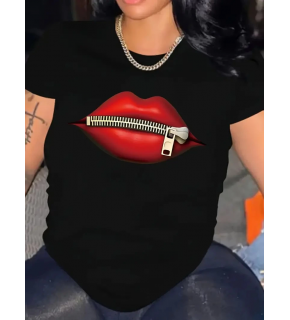 Kadın Kısa Kol Yazlık Tişört Bisiklet Yaka Dudak Baskılı T-Shirt - Siyah