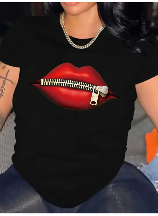 Kadın Kısa Kol Yazlık Tişört Bisiklet Yaka Dudak Baskılı T-Shirt - Siyah Kadın Kısa Kol Yazlık Tişört Bisiklet Yaka Dudak Baskılı T-Shirt - Siyah