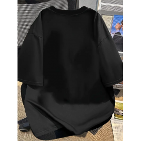 Kadın Kısa Kol Yazlık Tişört Bisiklet Yaka Baskılı Oversize T-Shirt - Siyah