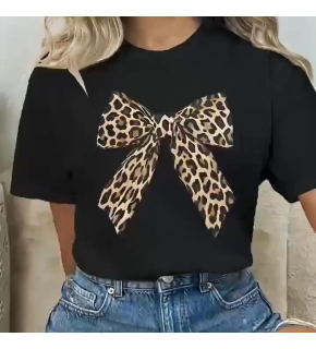 Kadın Leopar Desenli Fiyonklu Baskılı T-Shirt Kısa Kol Bisiklet Yaka Oversize Tişört - Siyah