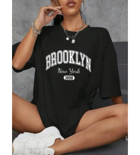 Kadın Brooklyn Baskılı Tişört Kısa Kol Bisiklet Yaka Oversize T-Shirt - Siyah