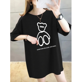 Kadın Tişört Penye Compack Baskılı Oversize Bisiklet Yaka T-shirt - Siyah