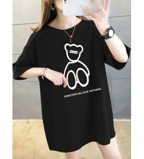 Kadın Tişört Penye Compack Baskılı Oversize Bisiklet Yaka T-shirt - Siyah