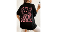 Kadın Kısa Kol Yazlık Tişört Bisiklet Yaka Baskılı Oversize T-Shirt - Siyah Kadın Kısa Kol Yazlık Tişört Bisiklet Yaka Baskılı Oversize T-Shirt - Siyah