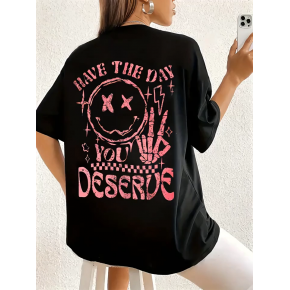 Kadın Kısa Kol Yazlık Tişört Bisiklet Yaka Baskılı Oversize T-Shirt - Siyah